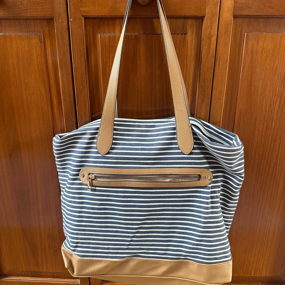 a new day Navy Striped Tote with Tan Details